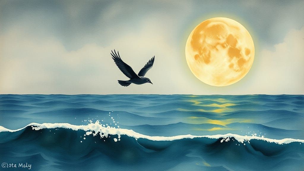 Bird Flies Over Ocean Under Astral Moon