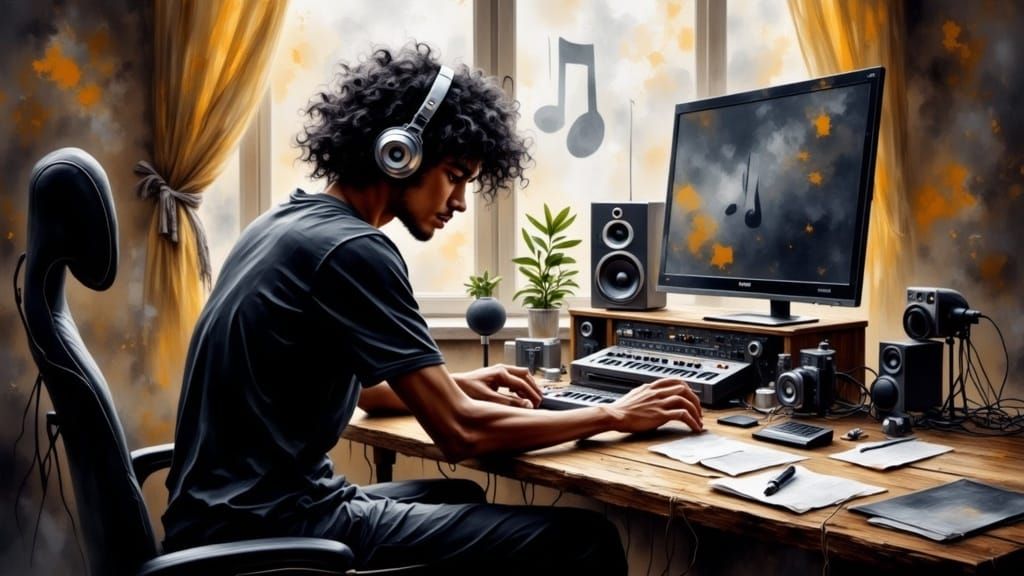 Intense Music Producer in a Creative Vortex