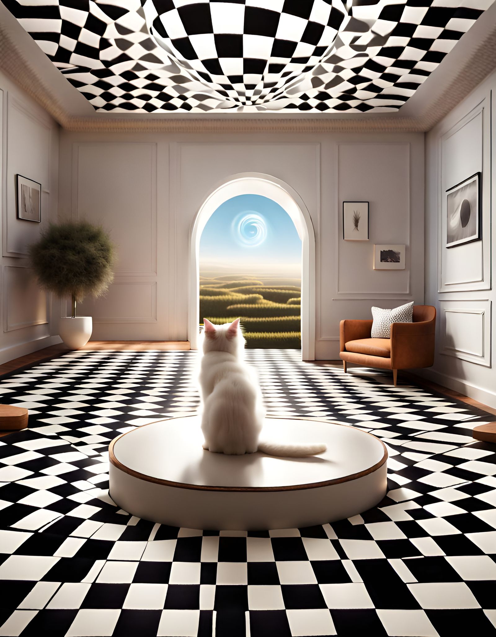 Optical Illusion Living Room with Curious Cat