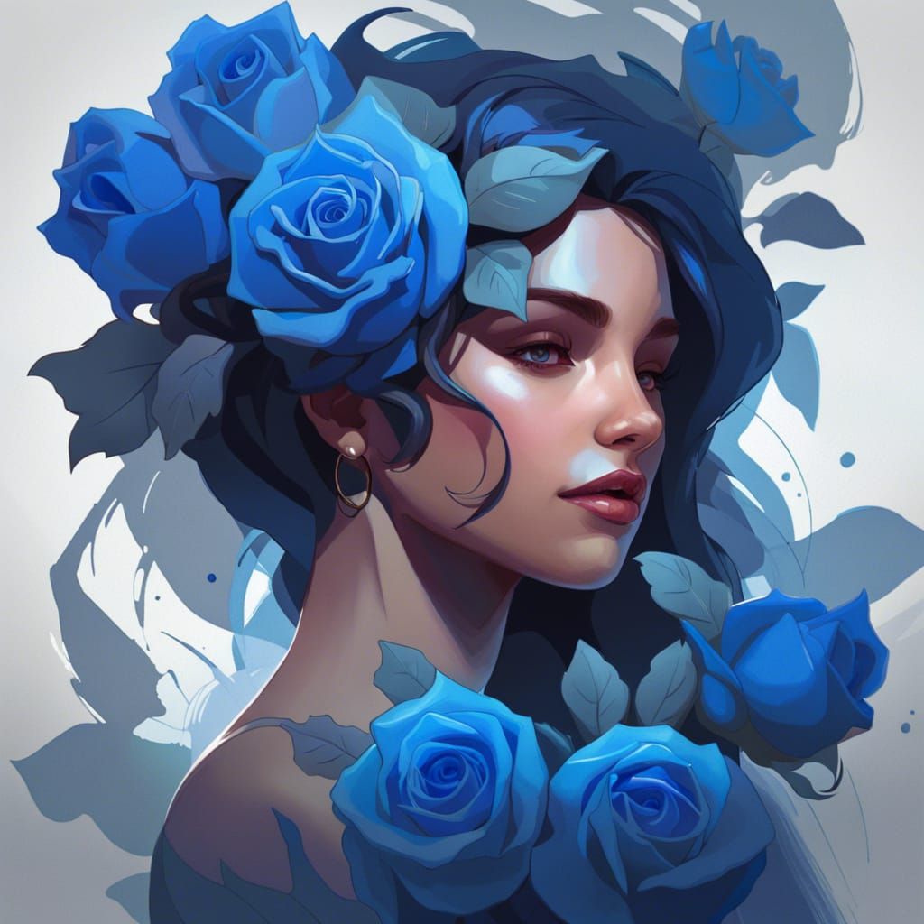 Woman with Blue Roses Portrait in Art Nouveau Style