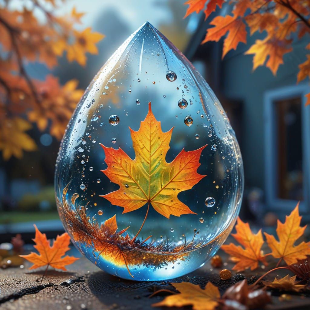 Autumn Scenery Inside Water Drop, Astral Cosmic Illustration
