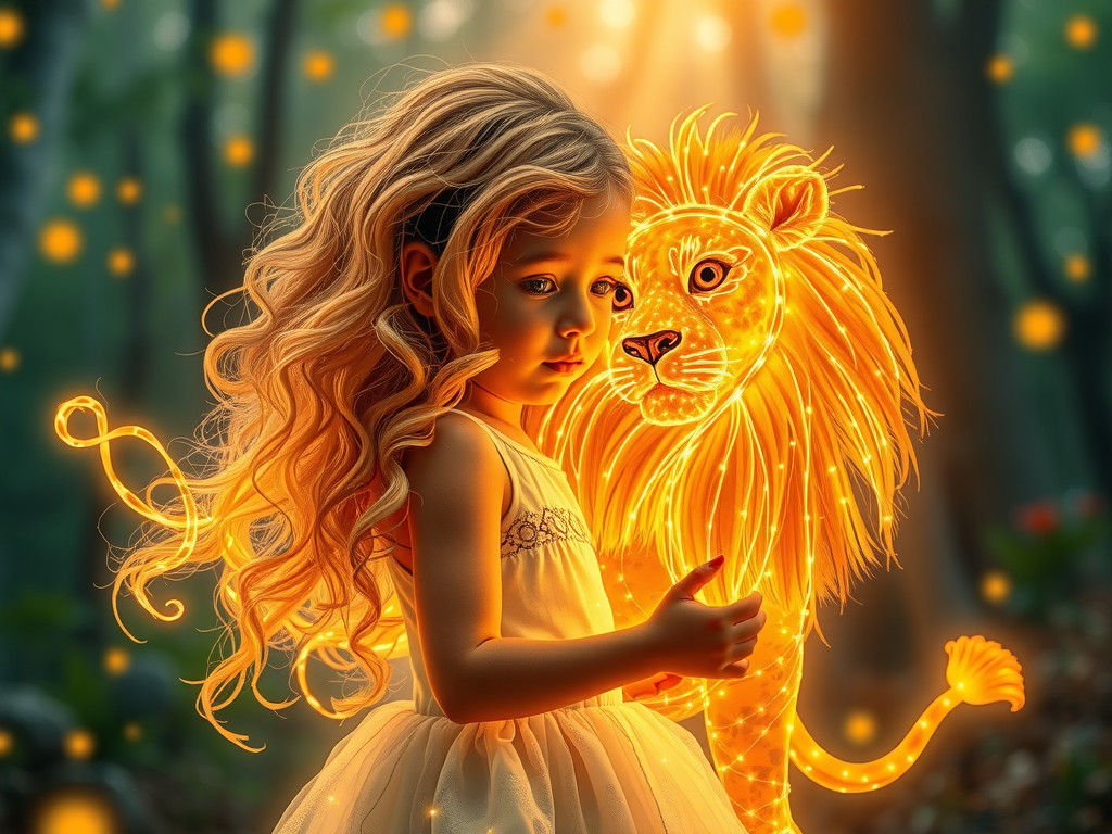 Ethereal Girl and Lion in Luminous Forest