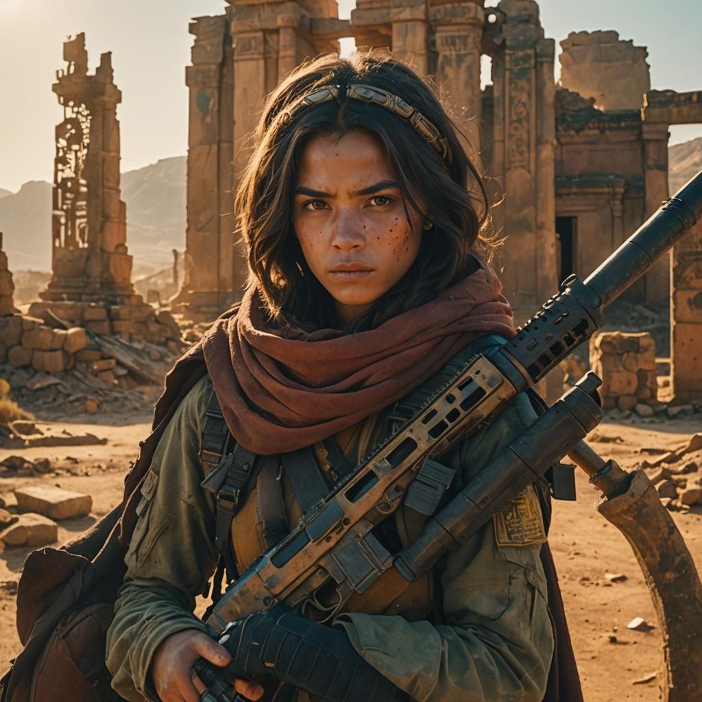 Cinematic Film Still of Soldier Near Ancient Temple