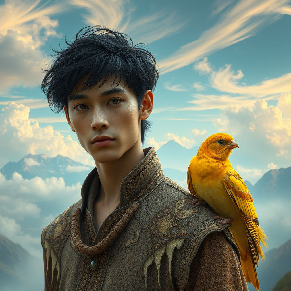 Man and Giant Canary in Fantasy Landscape