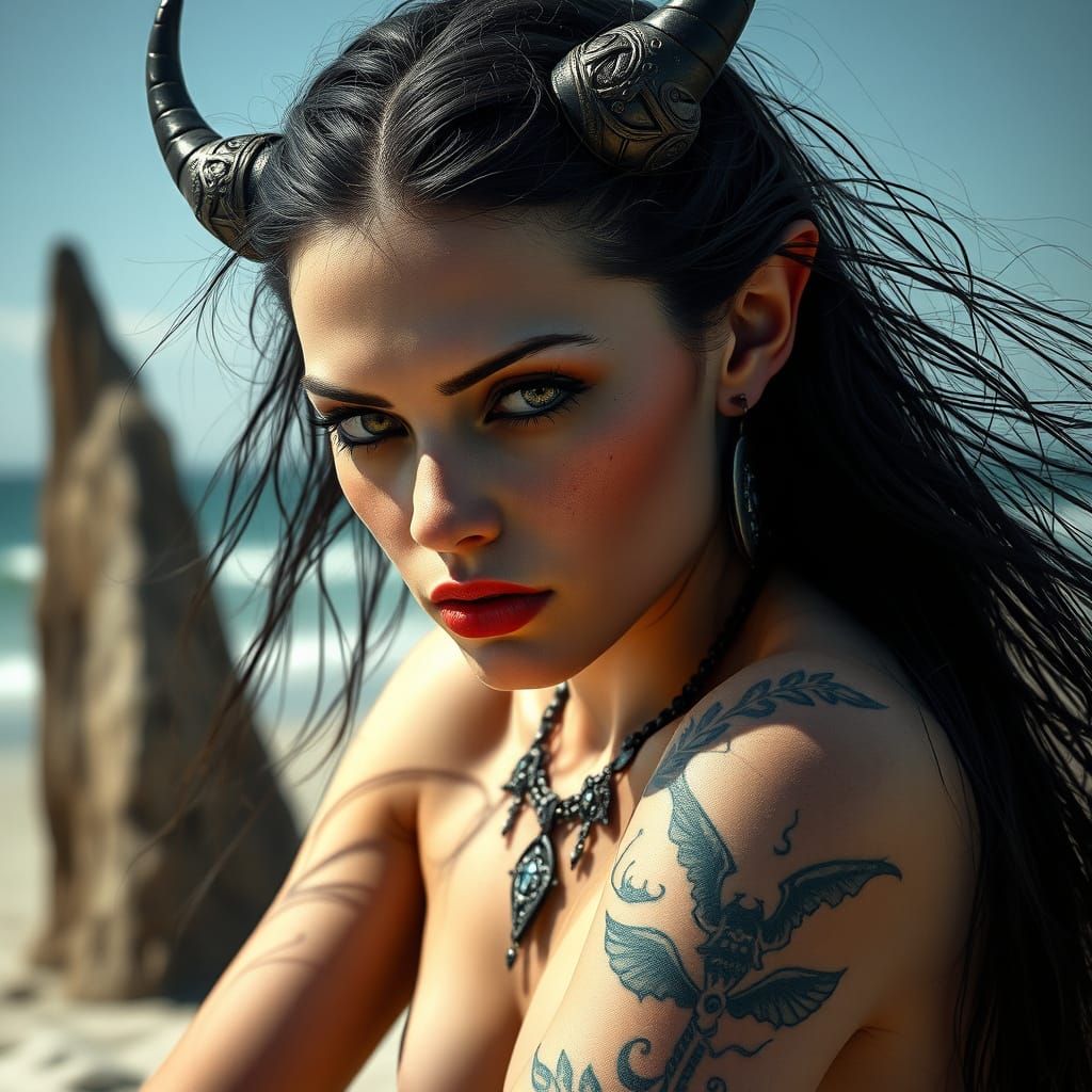 Artistic Portrait of a Black-Eyed She-Devil on a Beach
