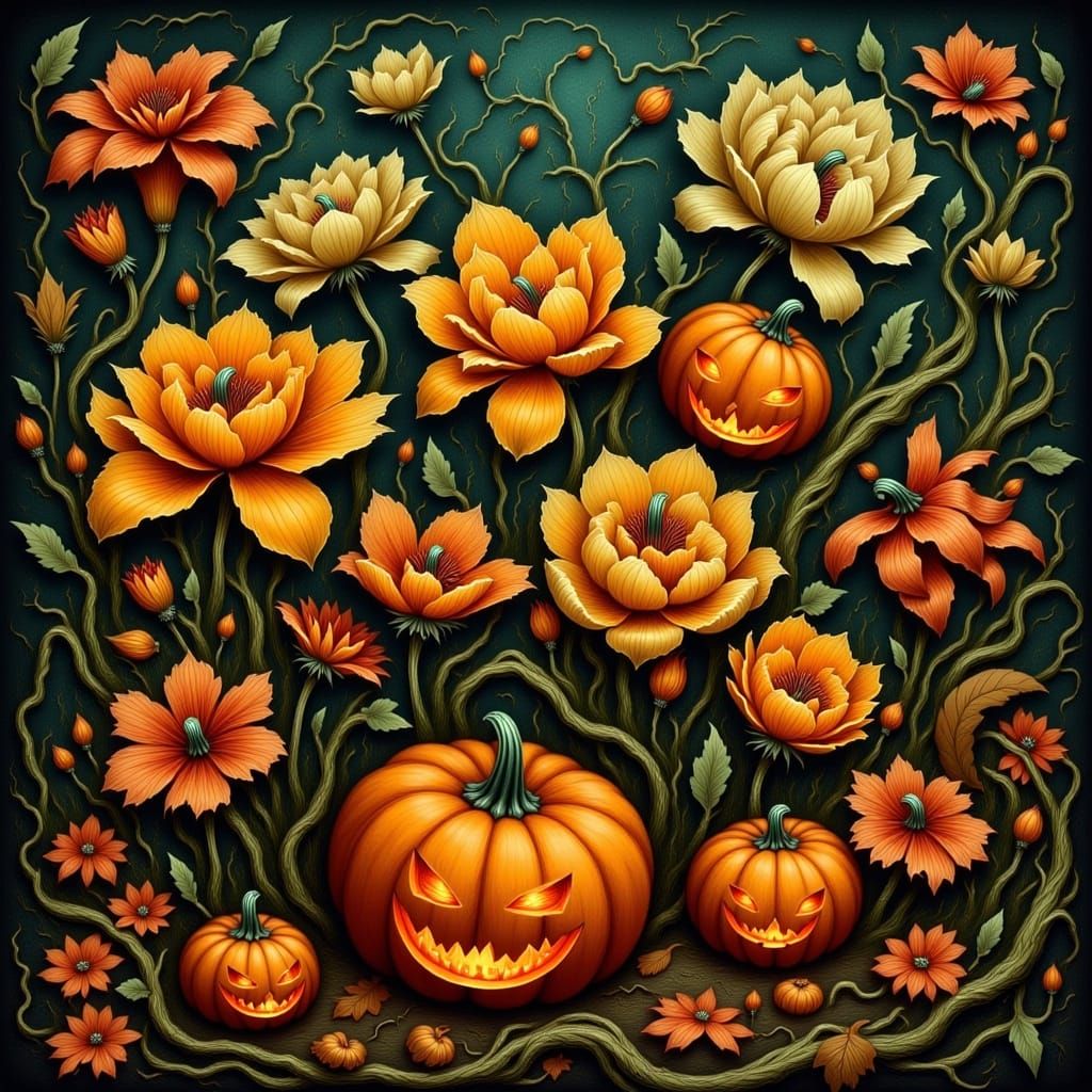 Autumn Wildflowers with Jack-o'-Lanterns Illustration