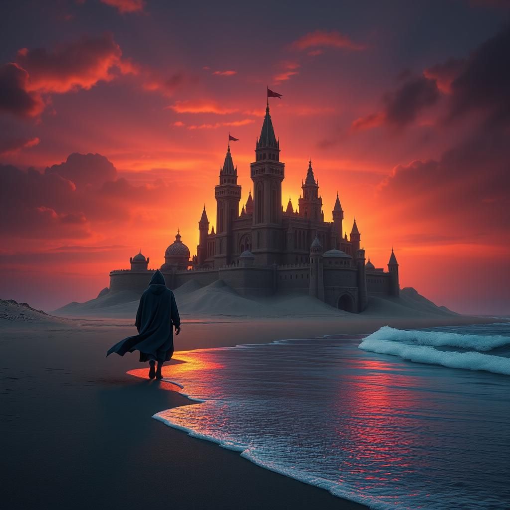 Hooded Figure Approaches Sunset Sandcastle