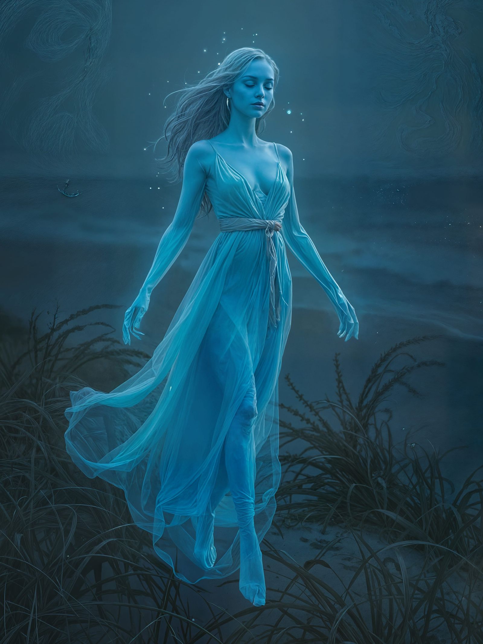 Ethereal Blue Goddess Amidst Muted Beachscape