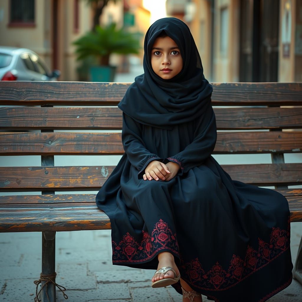 Young Girl in Traditional Attire Sits Serenely on a Wooden B...