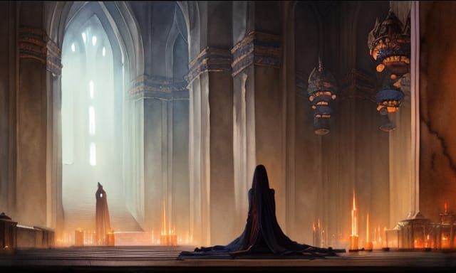 Dark Fantasy Temple Worship in Watercolor Style