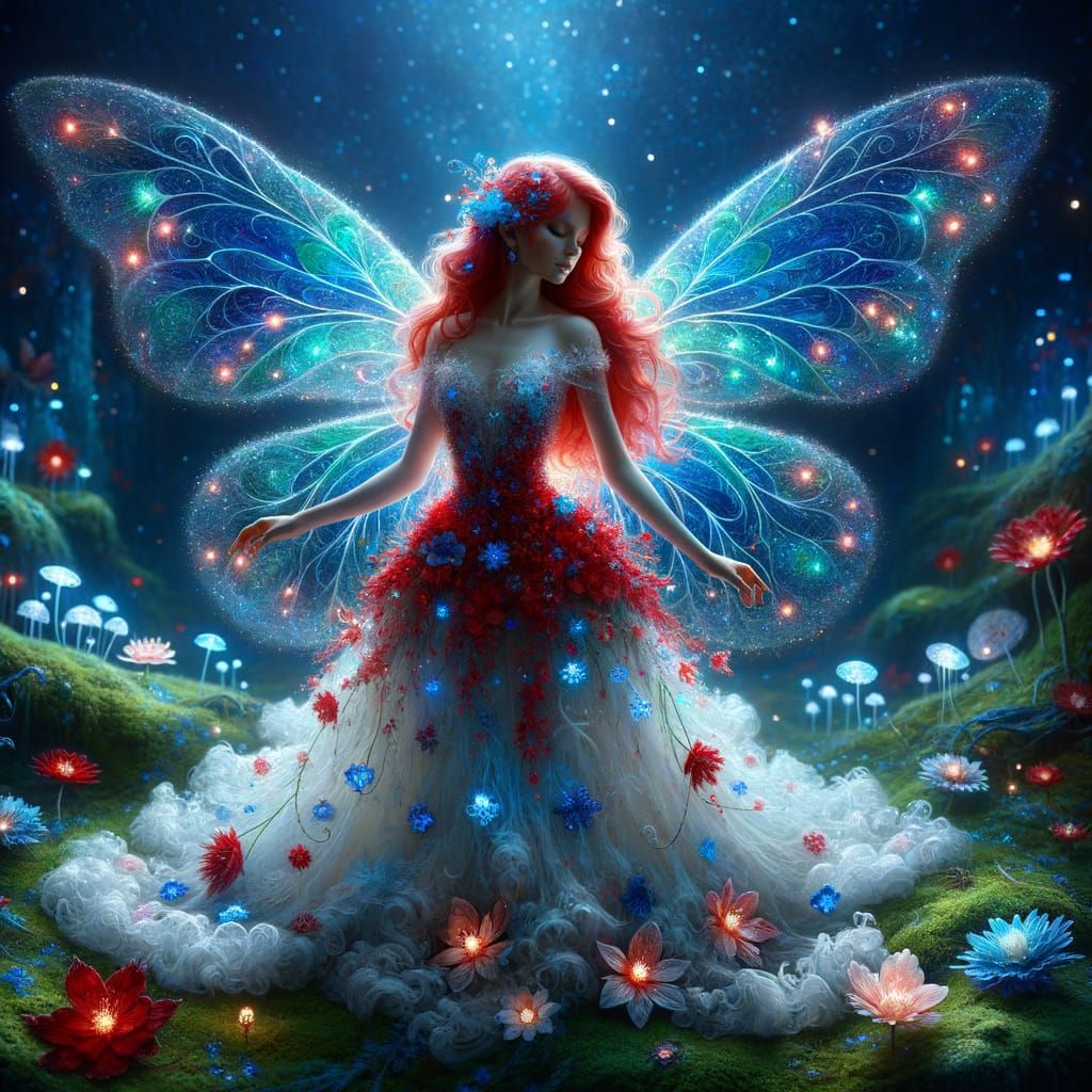 Radiant Red, White, and Blue Fairy in Ethereal Scene