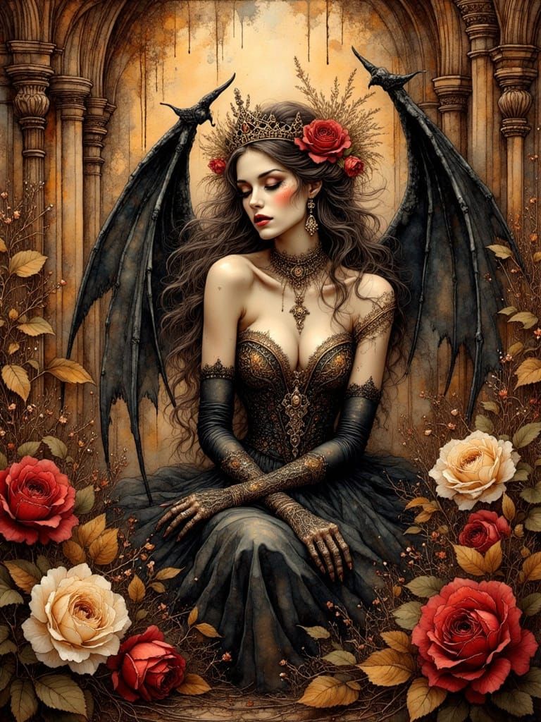 Ethereal Dark Fairy with Dragon Wings and Autumn Blooms