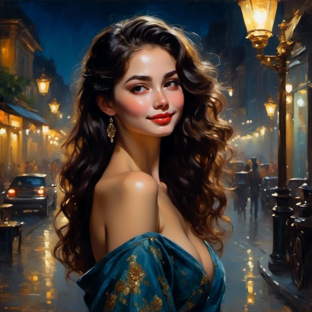 Beautiful Dark-Haired Woman in Moonlight