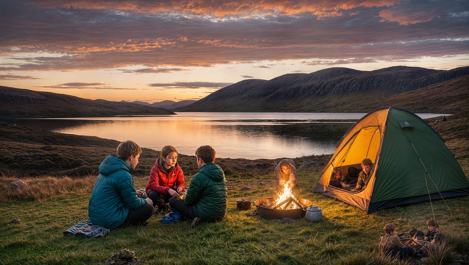 Scottish Highlands Sunset: Campers Cooking by Loch