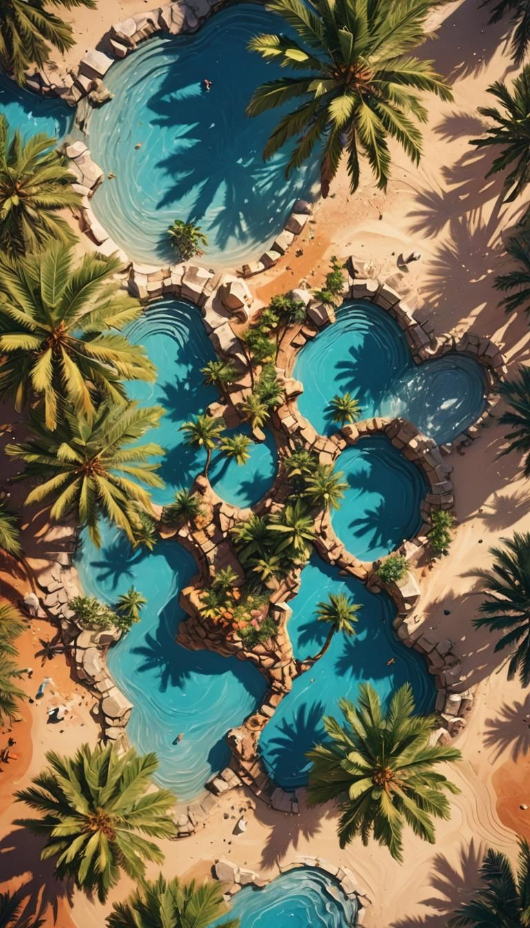 Hyperrealistic Oasis with Palm Trees in Splash Art Style