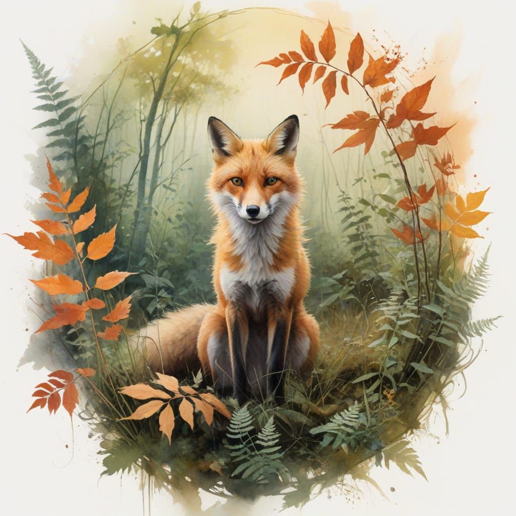 Amber Twilight Forest Clearing with Fox in Autumn