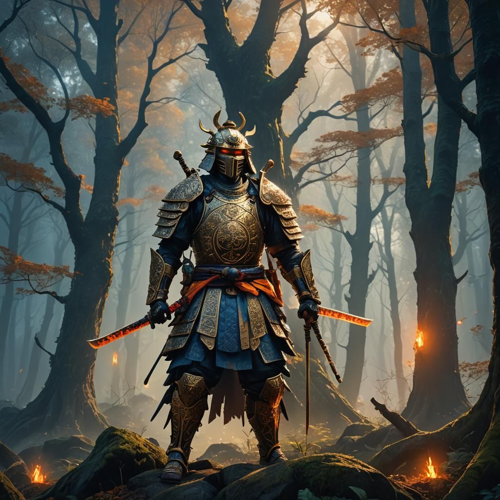 Samurai Warrior in Ornate Armor Amidst Ancient Forest