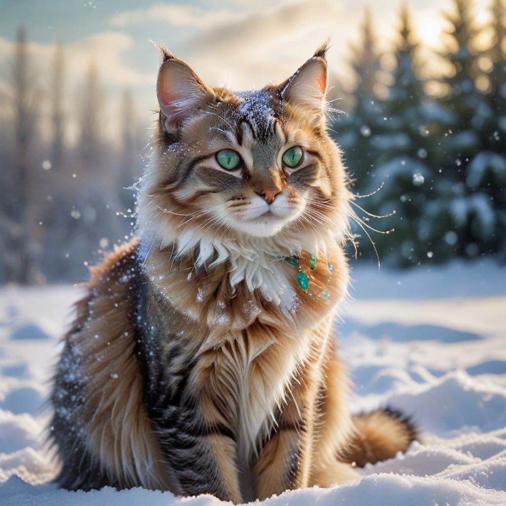 Surreal Tabby Cat in Winter Wonderland