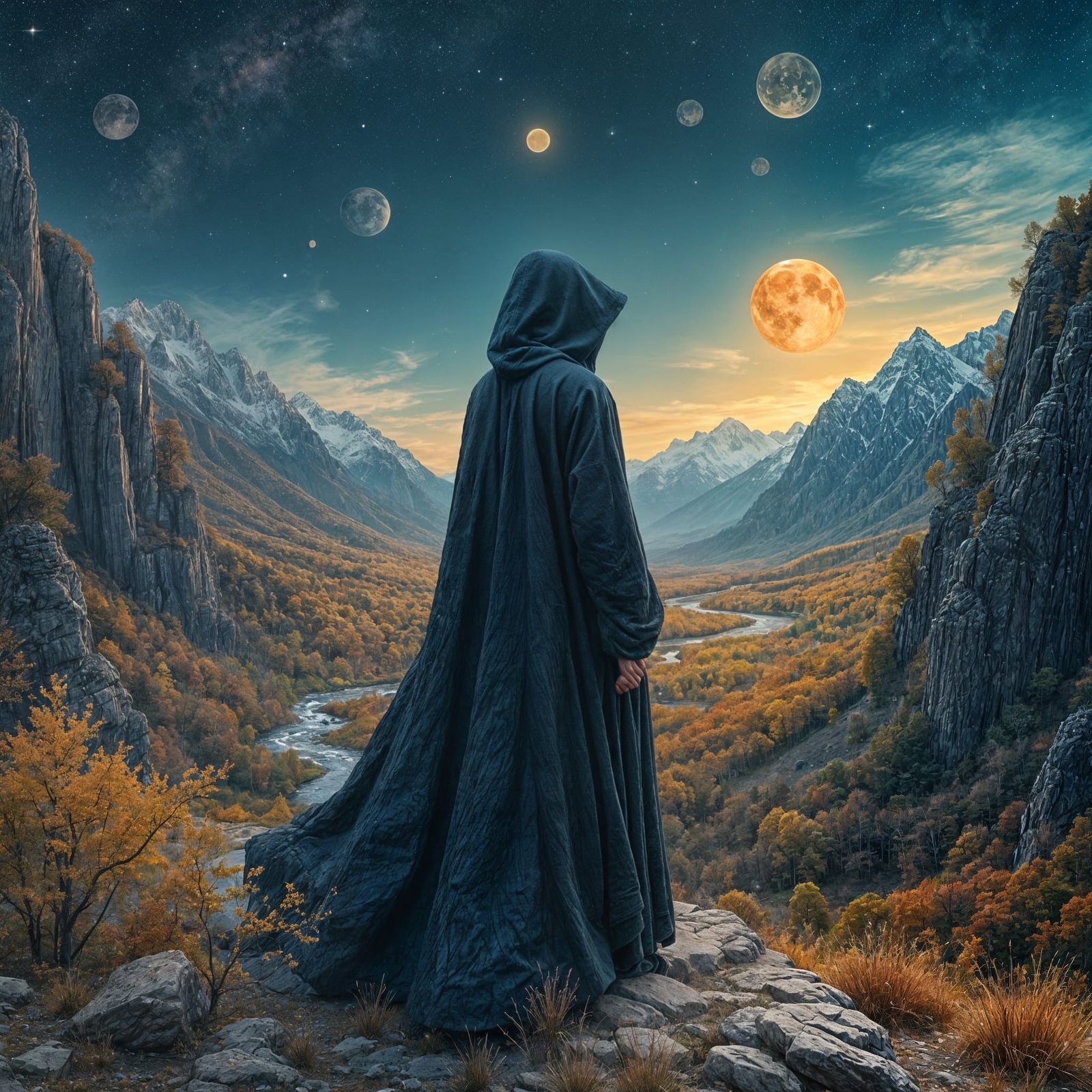 Mystical Hooded Figure Reveals Autumnal Mountain Valley
