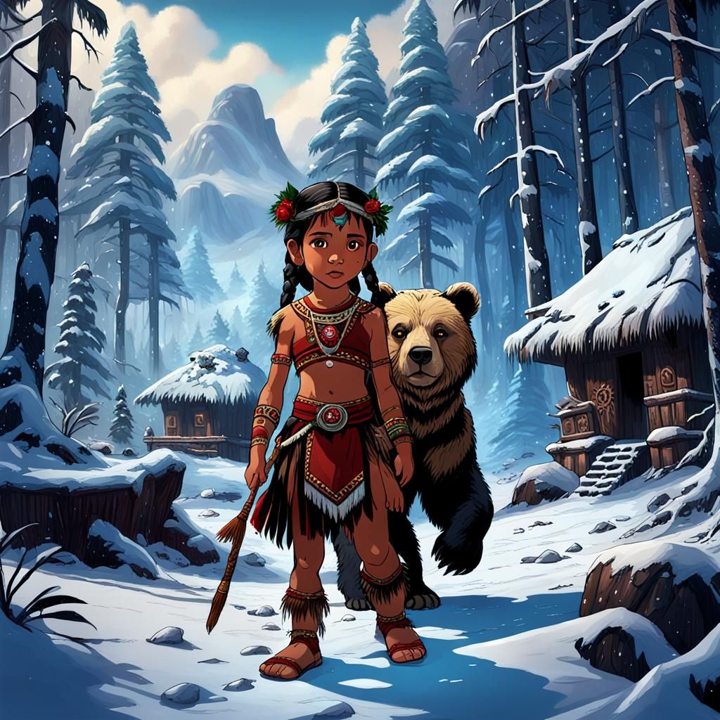 Taino Princess and Bear Cub in Snowy Forest