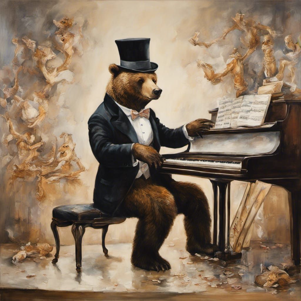 Anthropomorphic Bear Pianist in Oil Painting Style