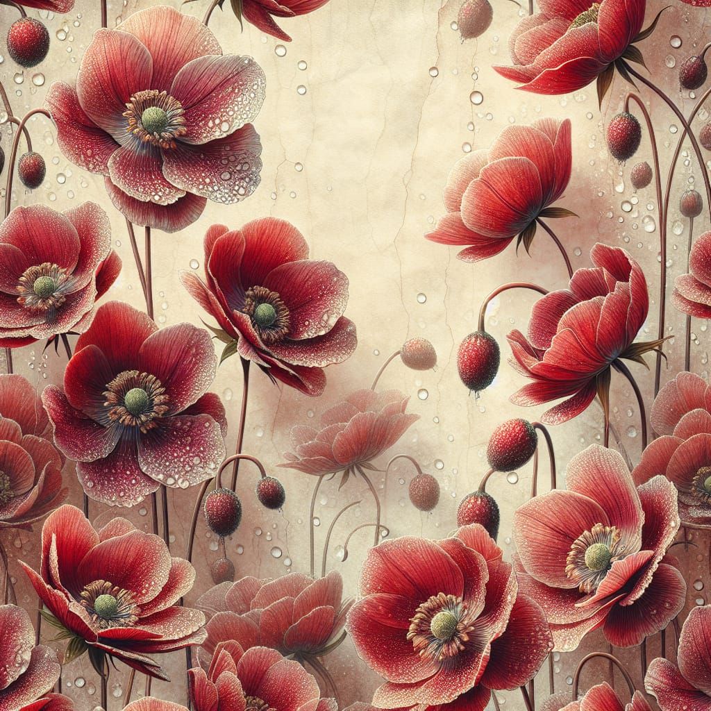 Digital Seamless Paper, Glistening 3d Antique White Parchment Paper Background, Numerous 3d Red Geum Flowers with dew...