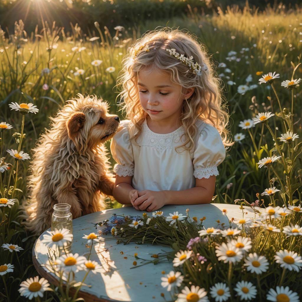 Girl and Furry Monster in Meadow: Hyperrealism