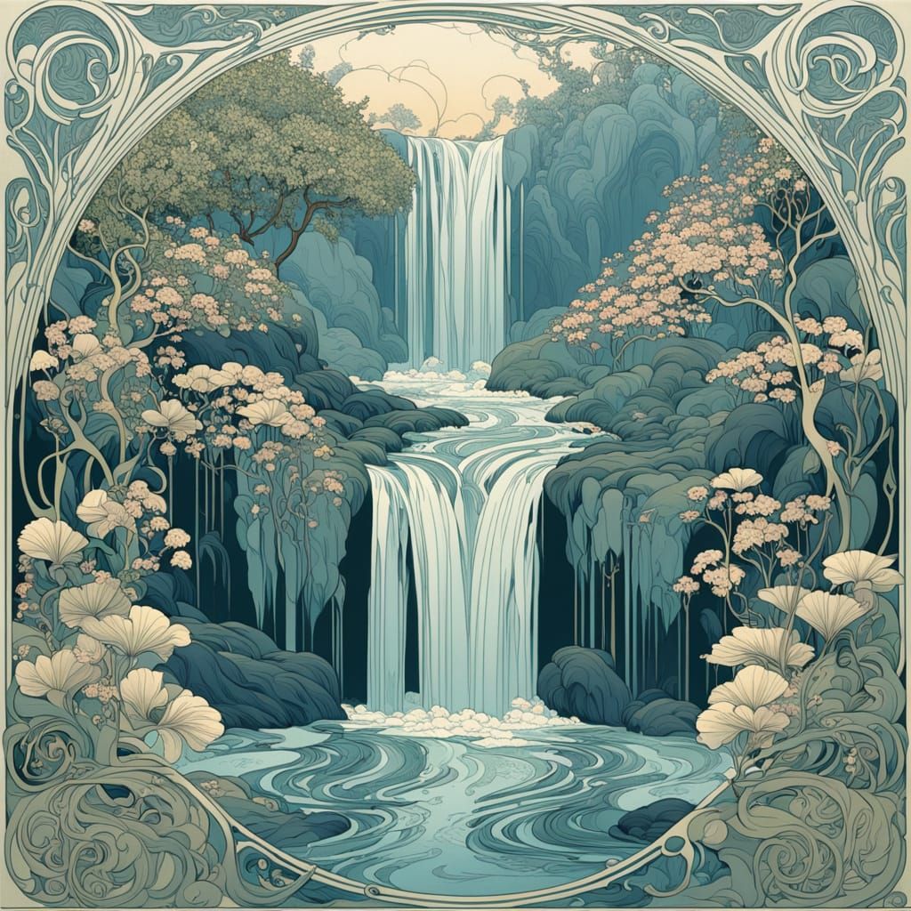 Art Nouveau Waterfall Serenity in Alphonse Mucha Style