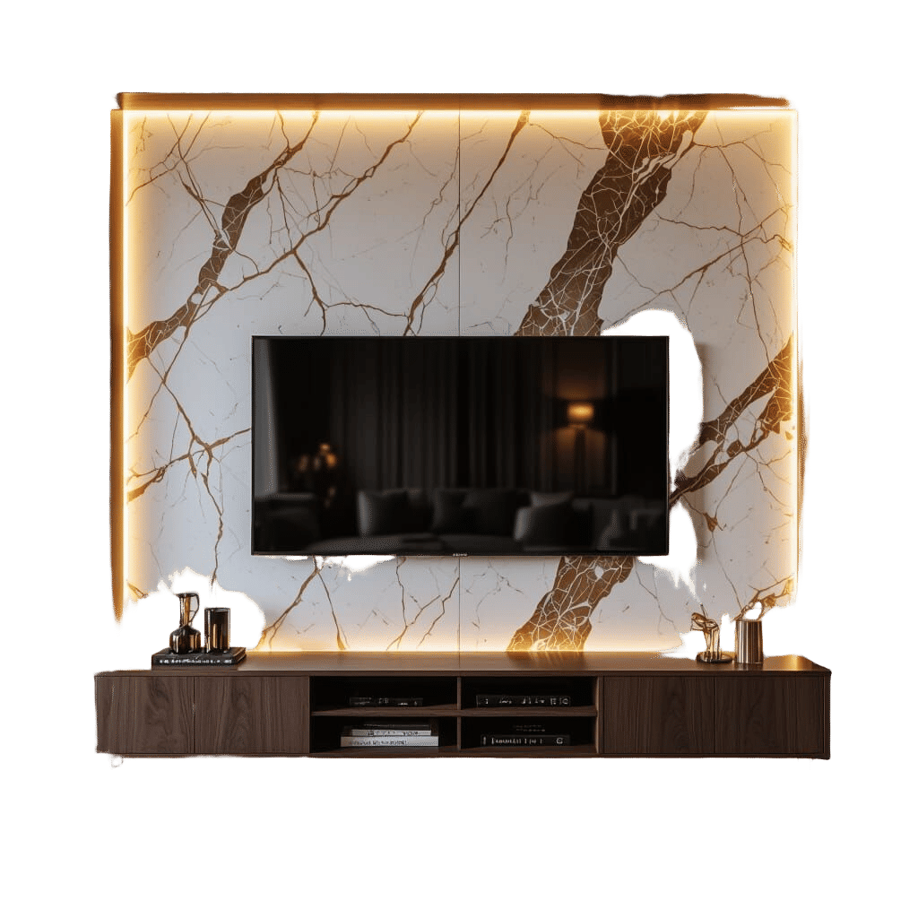 Luxurious Room with Book Match Marble TV Wall and Walnut Cab...