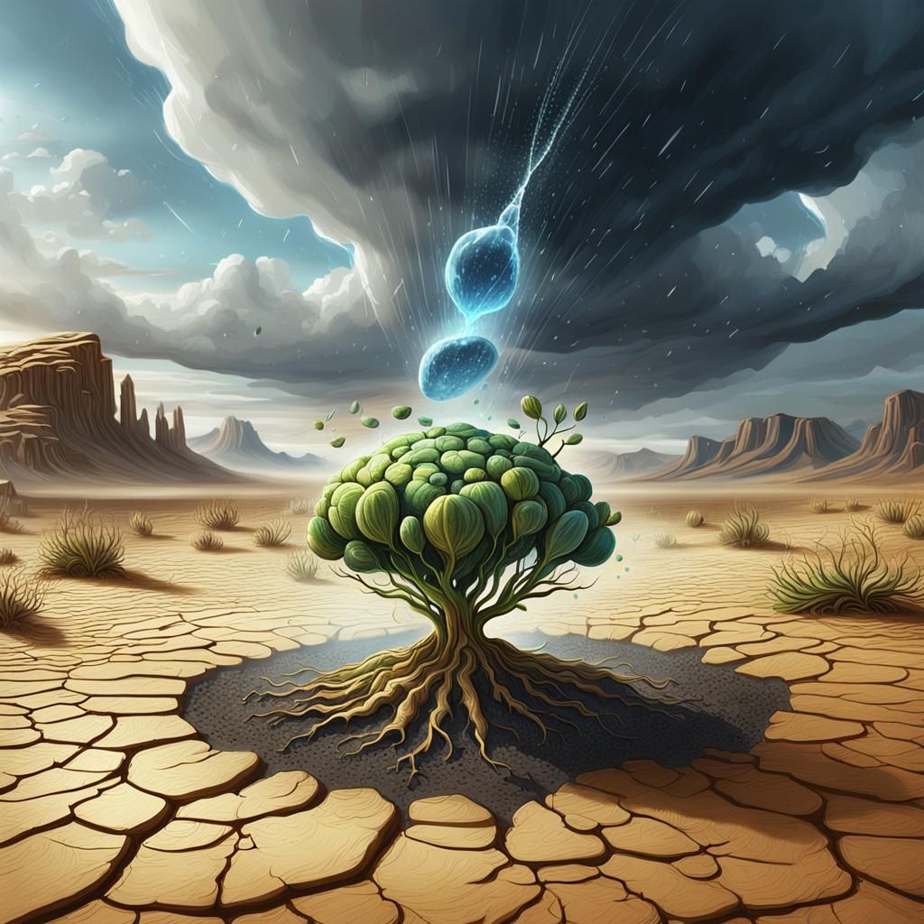 Seed Germination in Arid Desert: Fantasy Oil Illustration