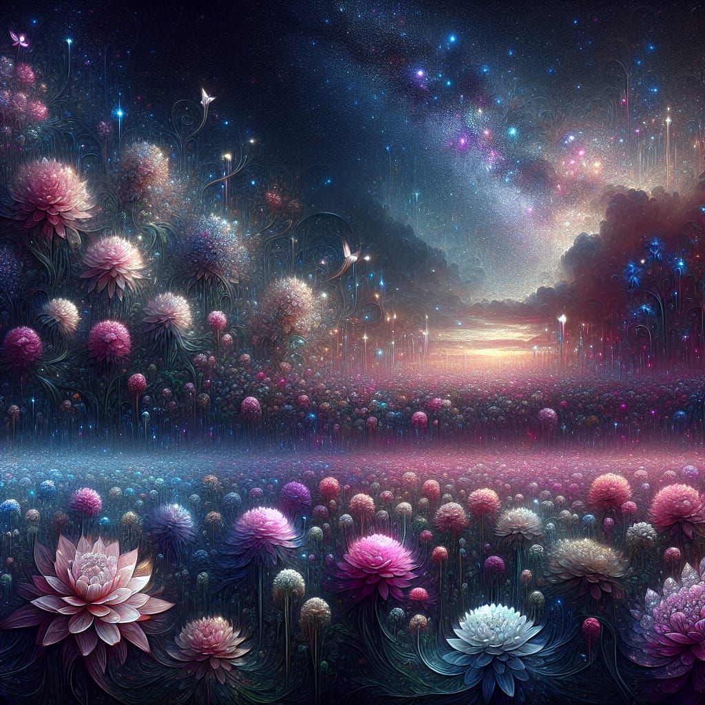 Midnight Flower Field with Pink Starlight, Fantasy Art