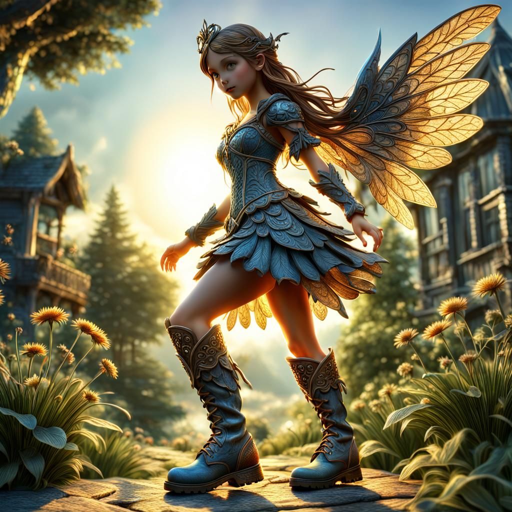 Detailed Fairy Wearing Boots at Sunrise