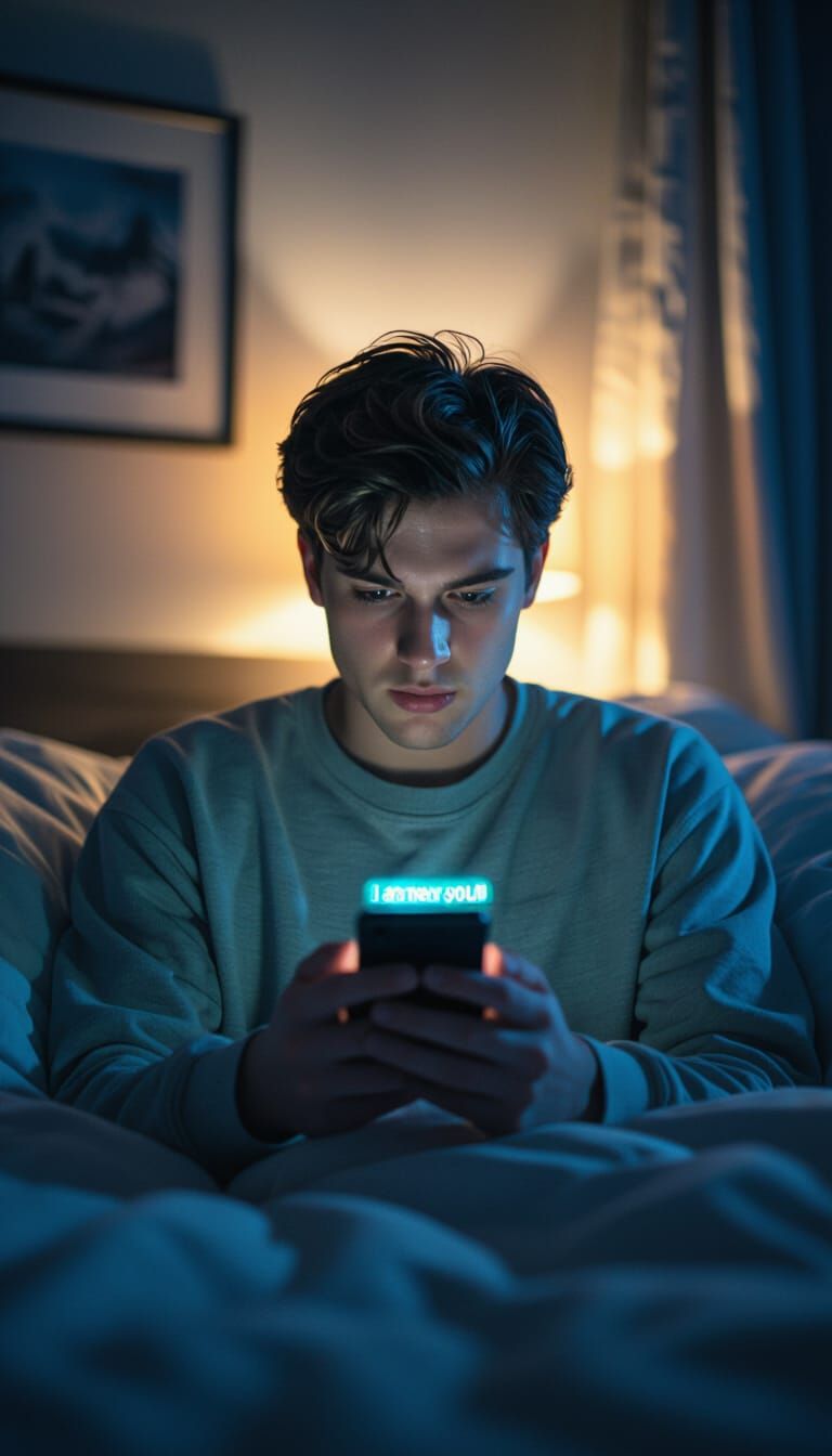 Man Receives Ominous Text in Dark Room, Cinematic Horror