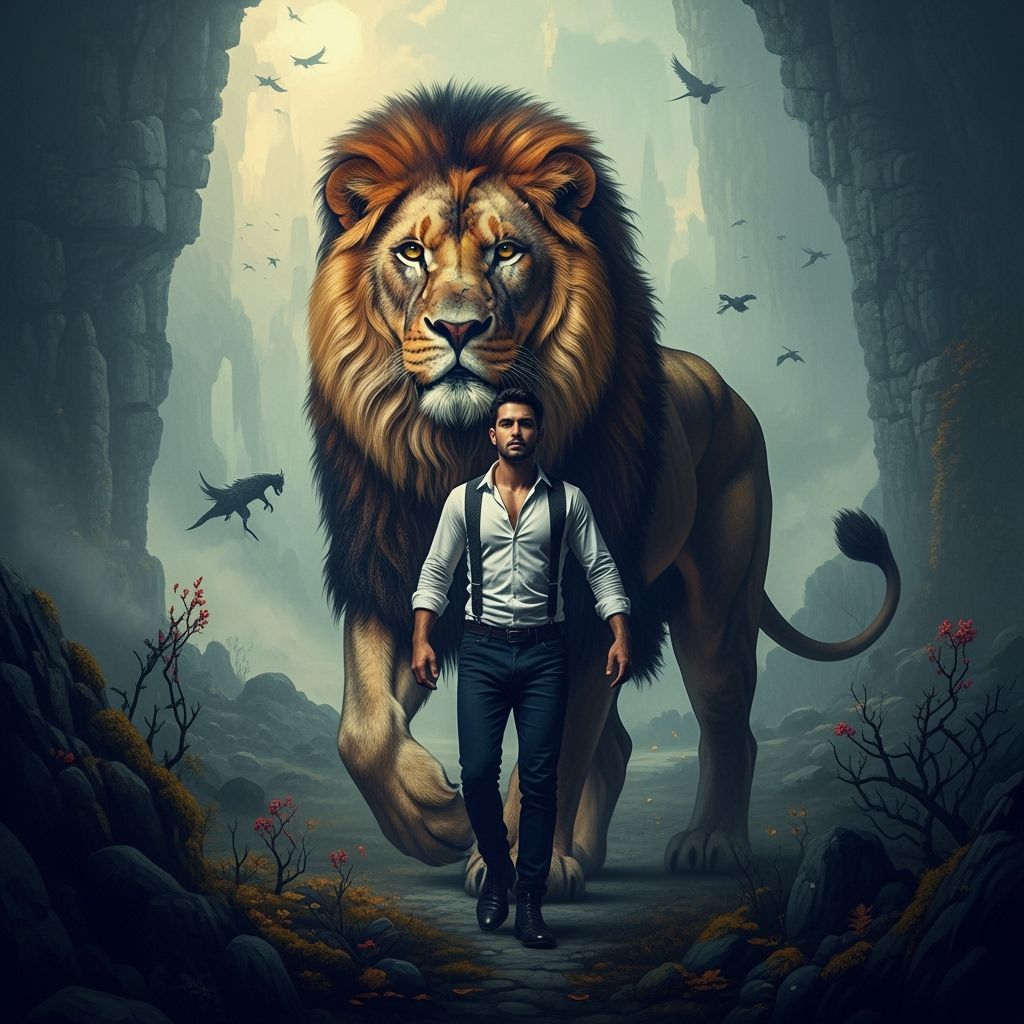 Warrior Lion Transformation in Mystical Realm: Matte Paintin...