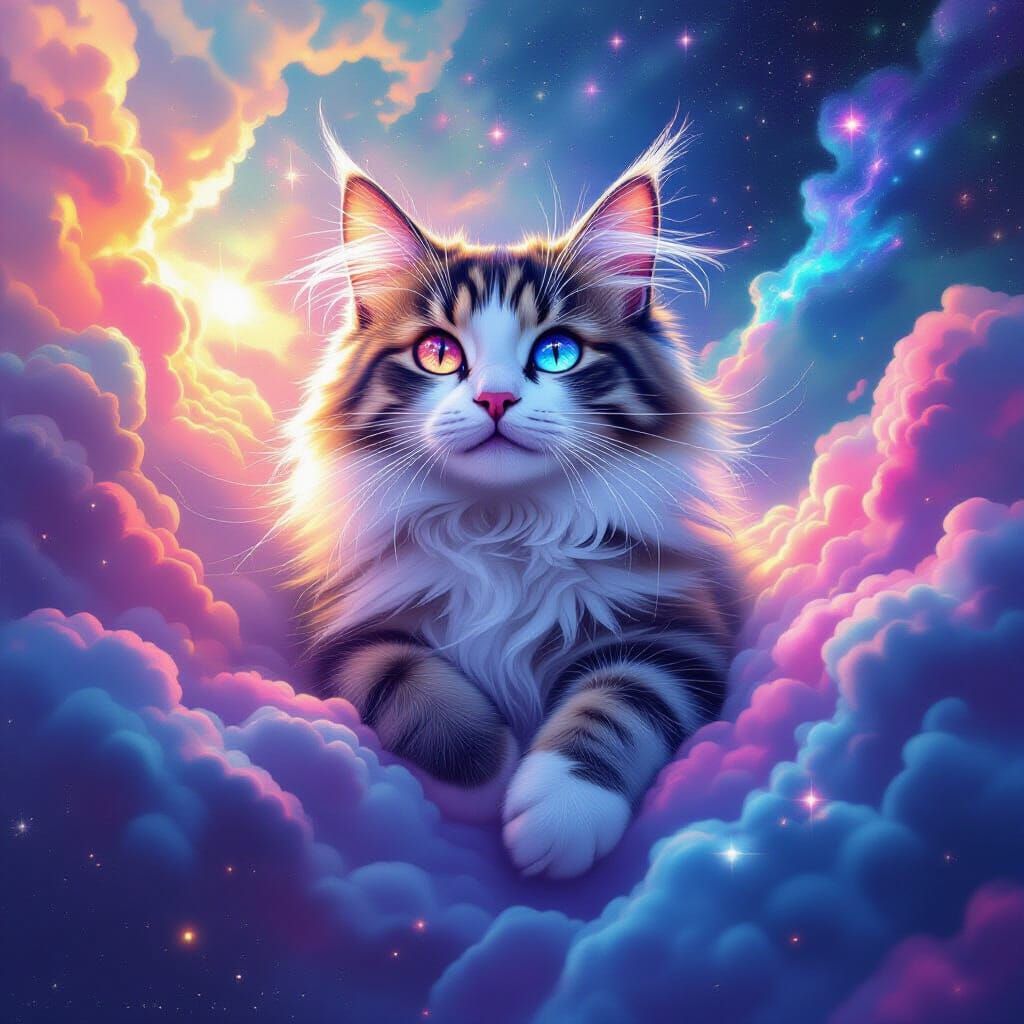 Cosmic Cat Floating in Nebula: Digital Art