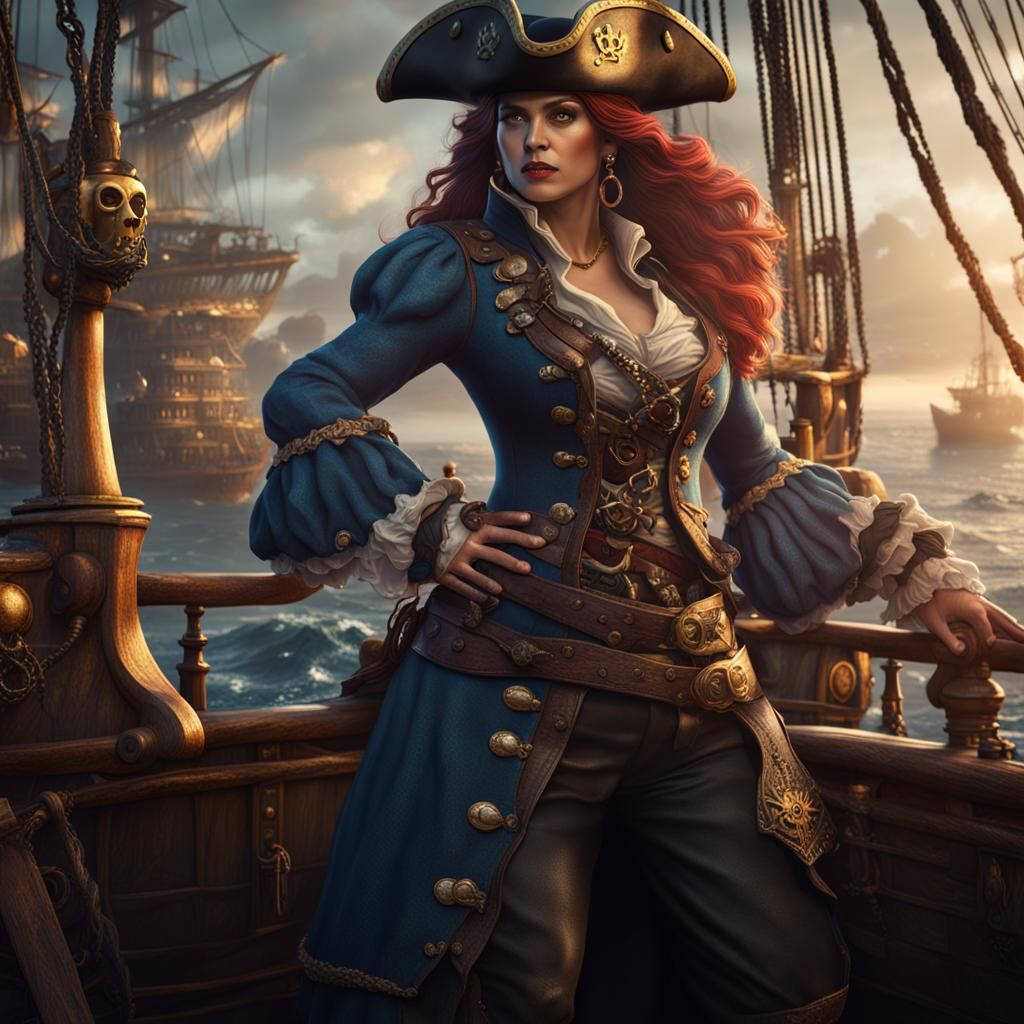Curvy Pirate Woman on Ship, Detailed Digital Painting