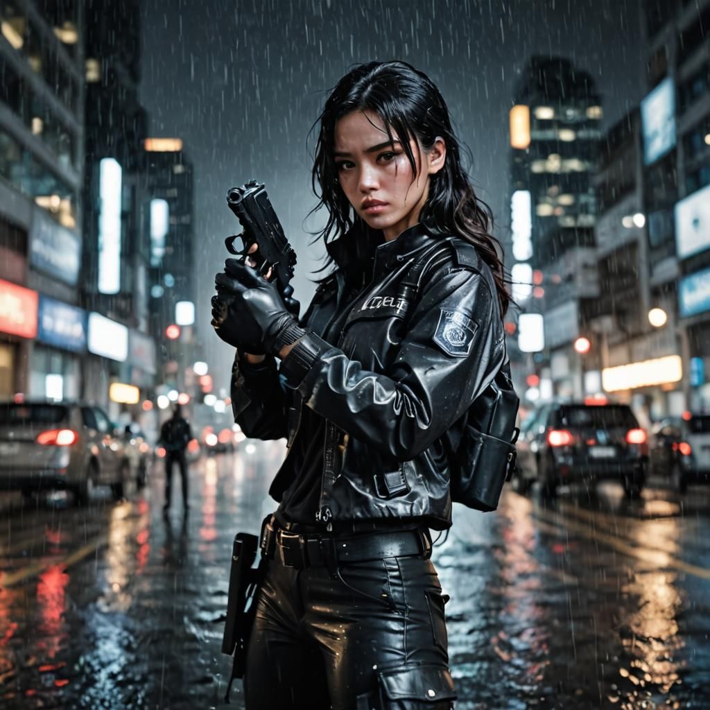 Girl with Gun in Rainy City at Night