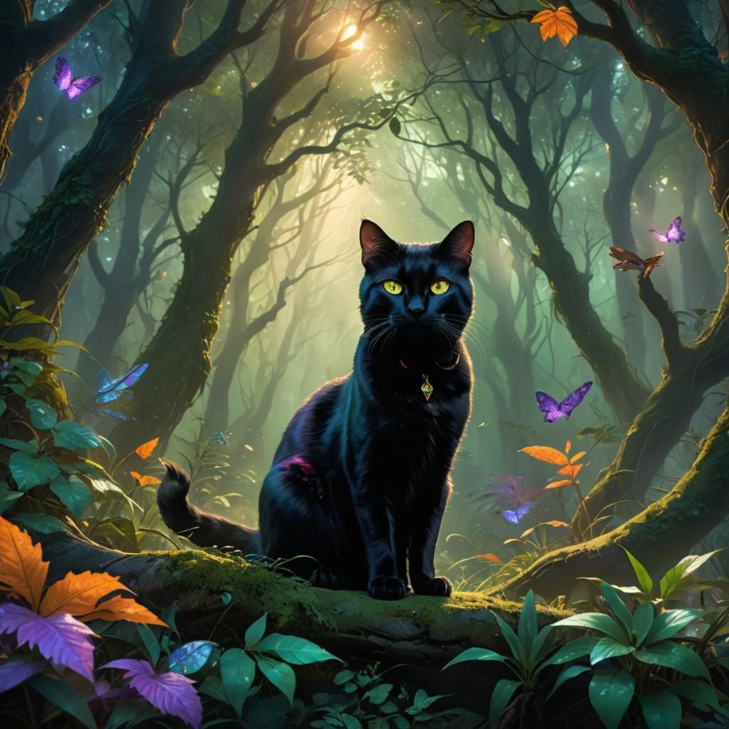Mystical Emerald-Eyed Cat in Fantasy Forest