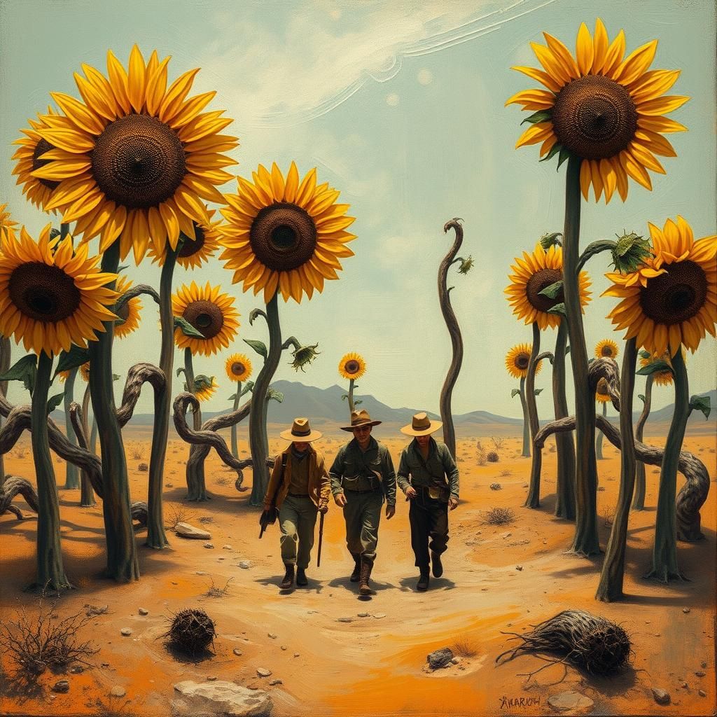 Surreal Desert Trek with Uncanny Sunflowers