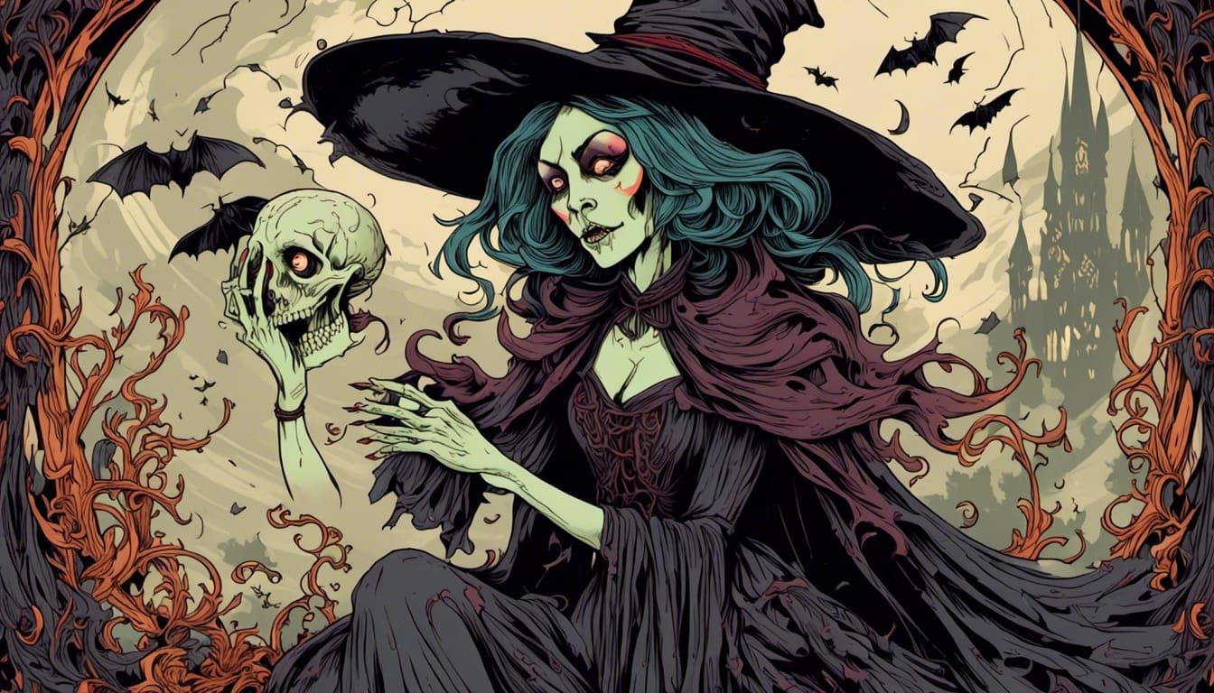 Detailed Gothic Illustration of a Wicked Witch
