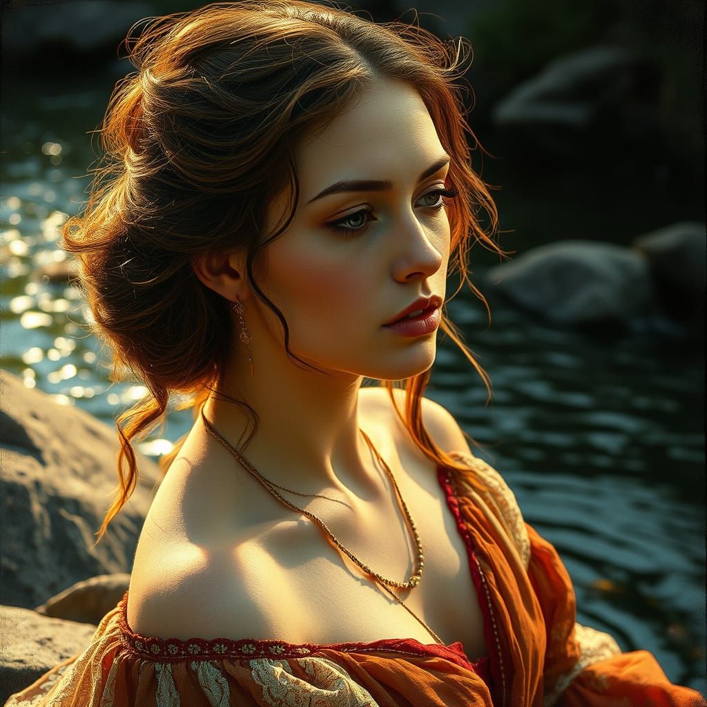 Woman on River Rock in Renaissance Style