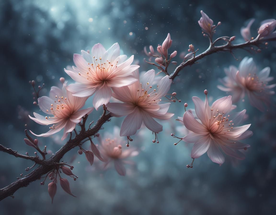Ethereal Blossoms Emerging from Wispy Mist