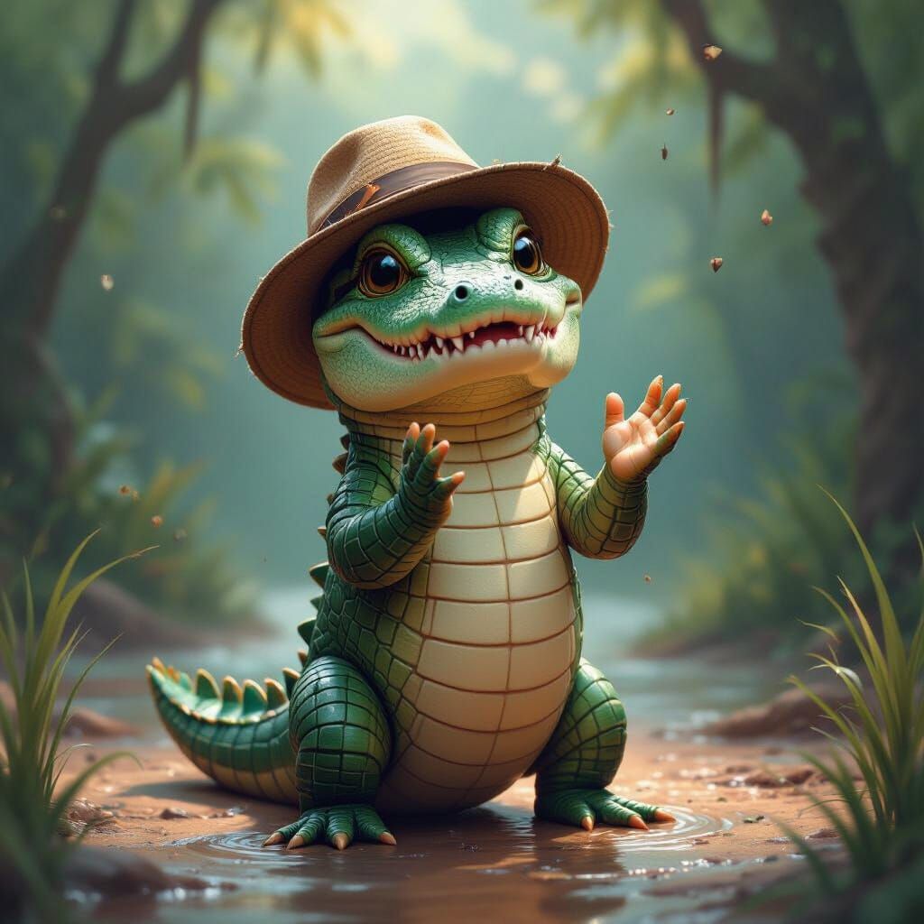 Adorable Alligator with Tiny Hat in Fantasy Art