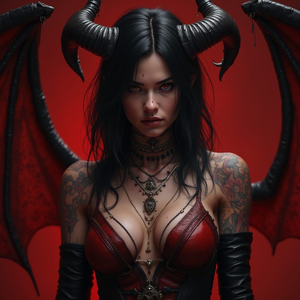 Dark Fantasy Female Demon of Wrath in Leather and Red