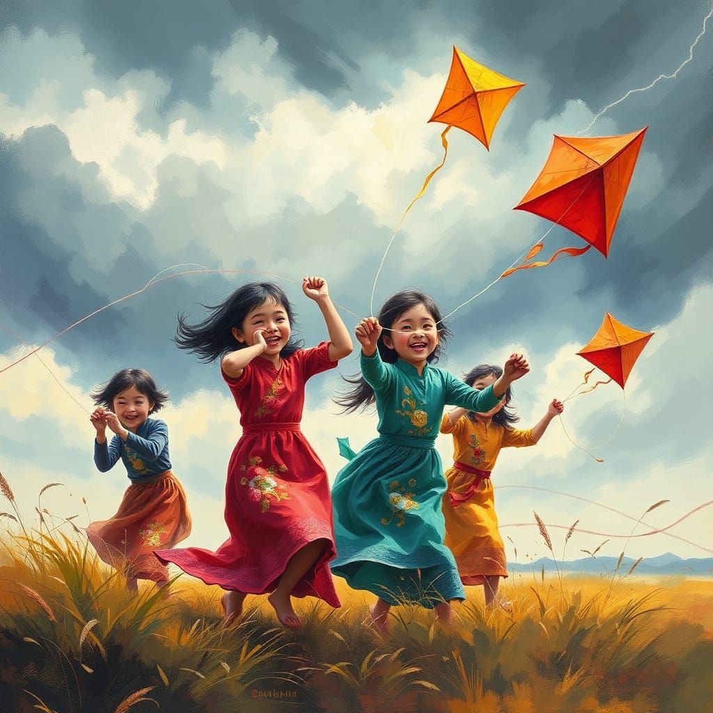 Vietnamese Children Fly Kites in Stormy Landscape Painting
