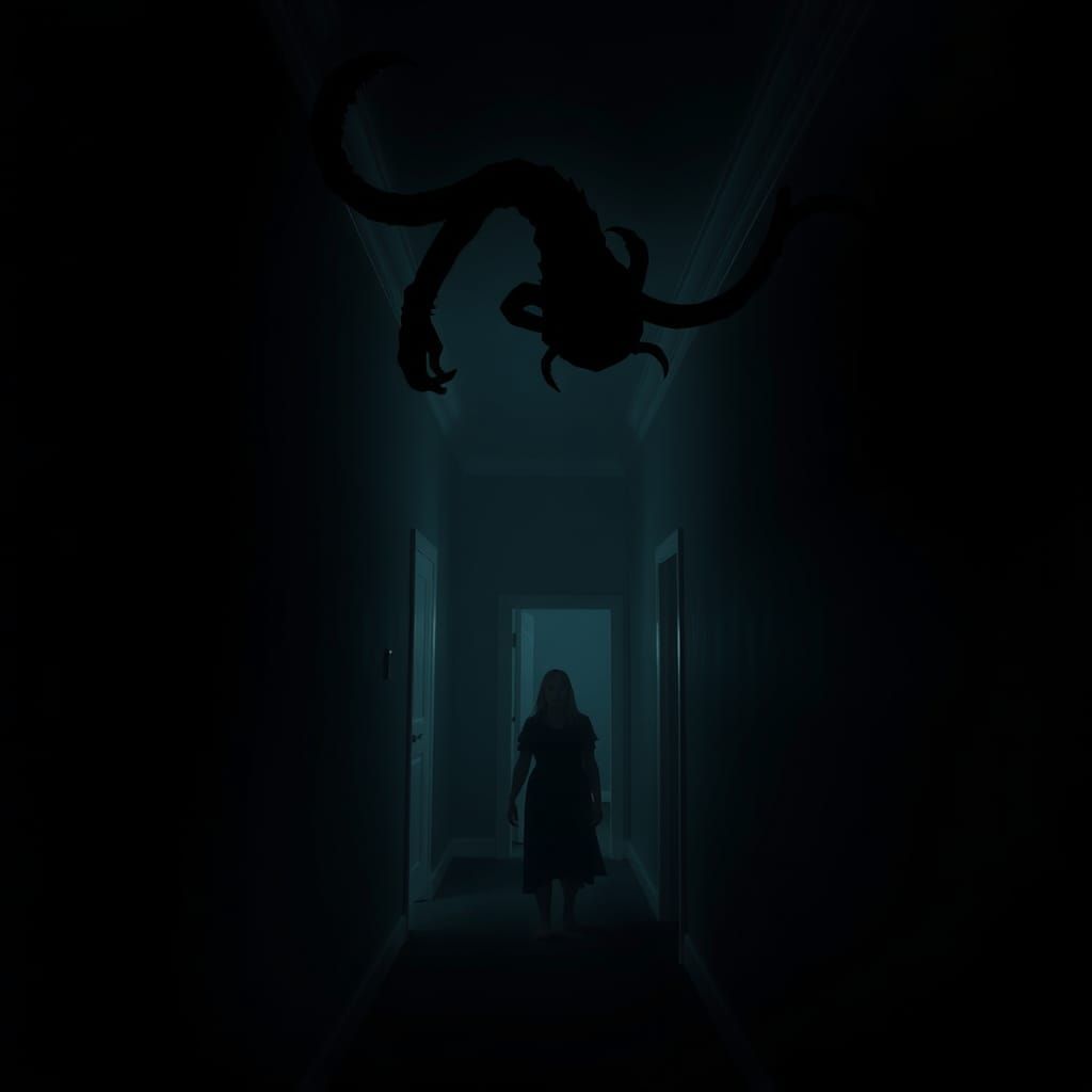 Grotesque Shadow Elf in Hallway: Psychological Horror
