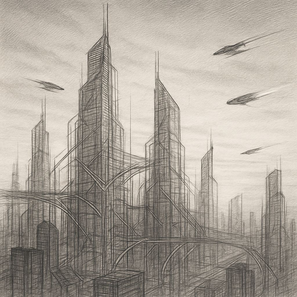 Futuristic Cityscape at Dusk in Pencil Sketch Style