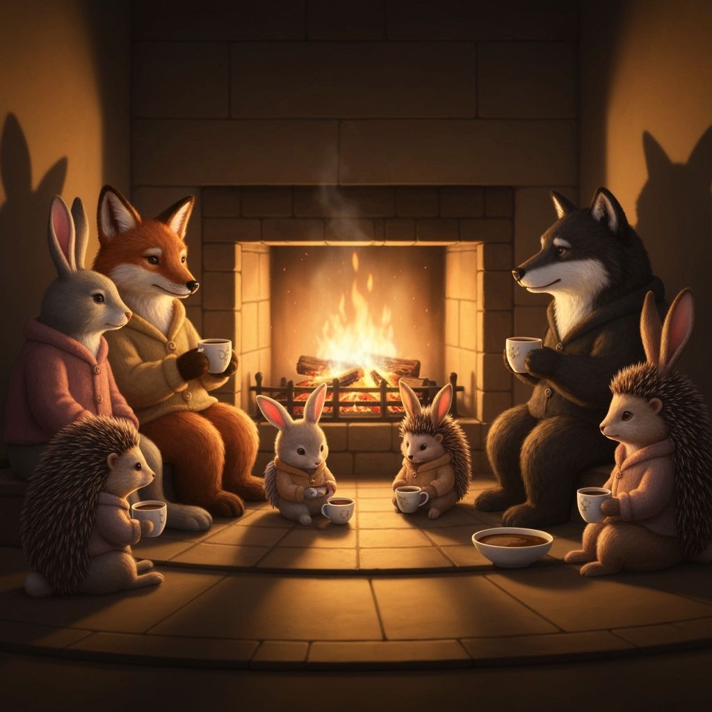 Cozy Forest Animals Enjoying Coffee by Fireplace