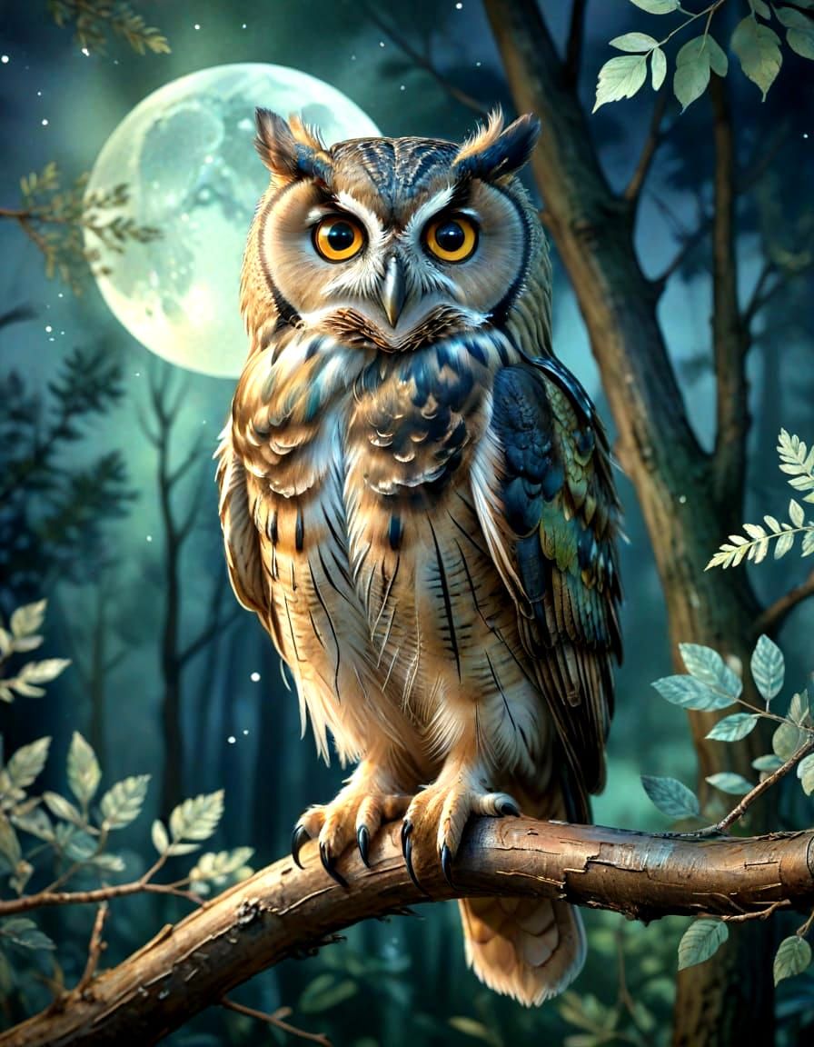 Dreamy Owl Portrait in Whimsical Watercolor Style