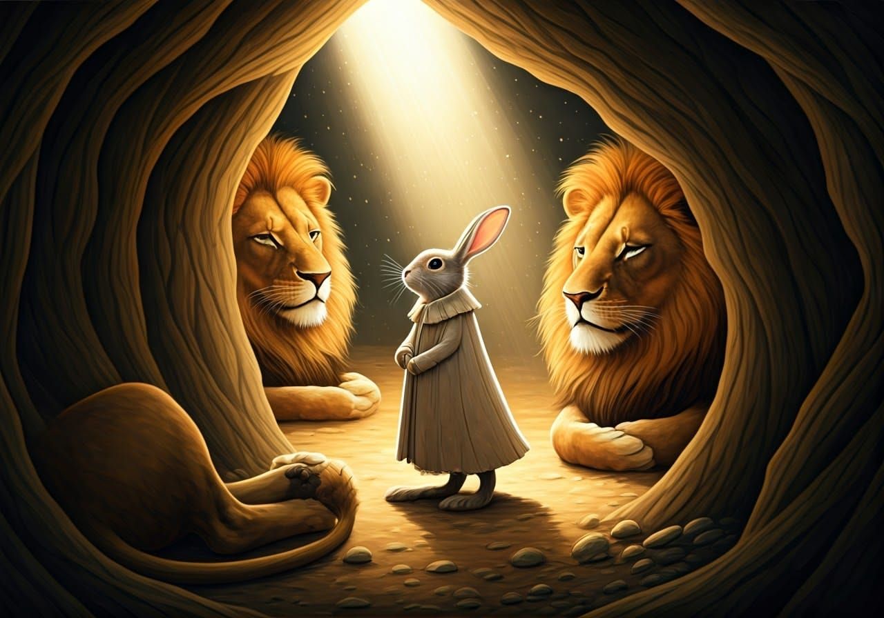 Rabbit in Lion's Den: Whimsical Watercolor Illustration
